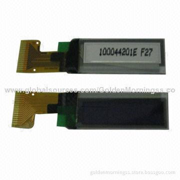 0.91'' OLED display module, 128 x 32 px resolution, blue characters in black background, 15-pin
